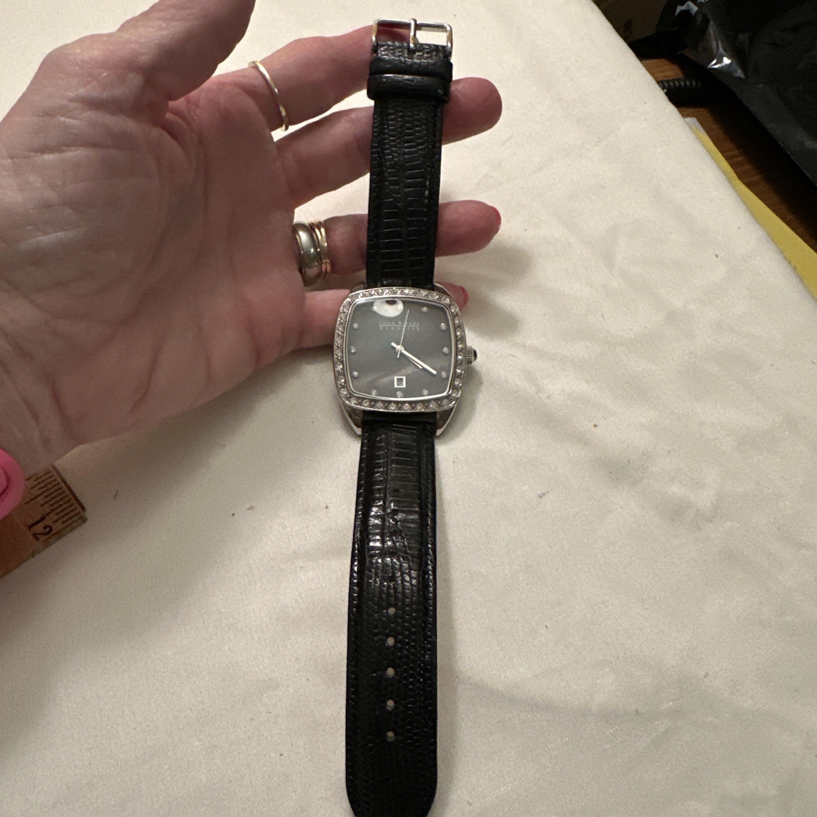 Vtg Joan Rivers Watch V377 Classics Black Leather Band New Battery Square Face