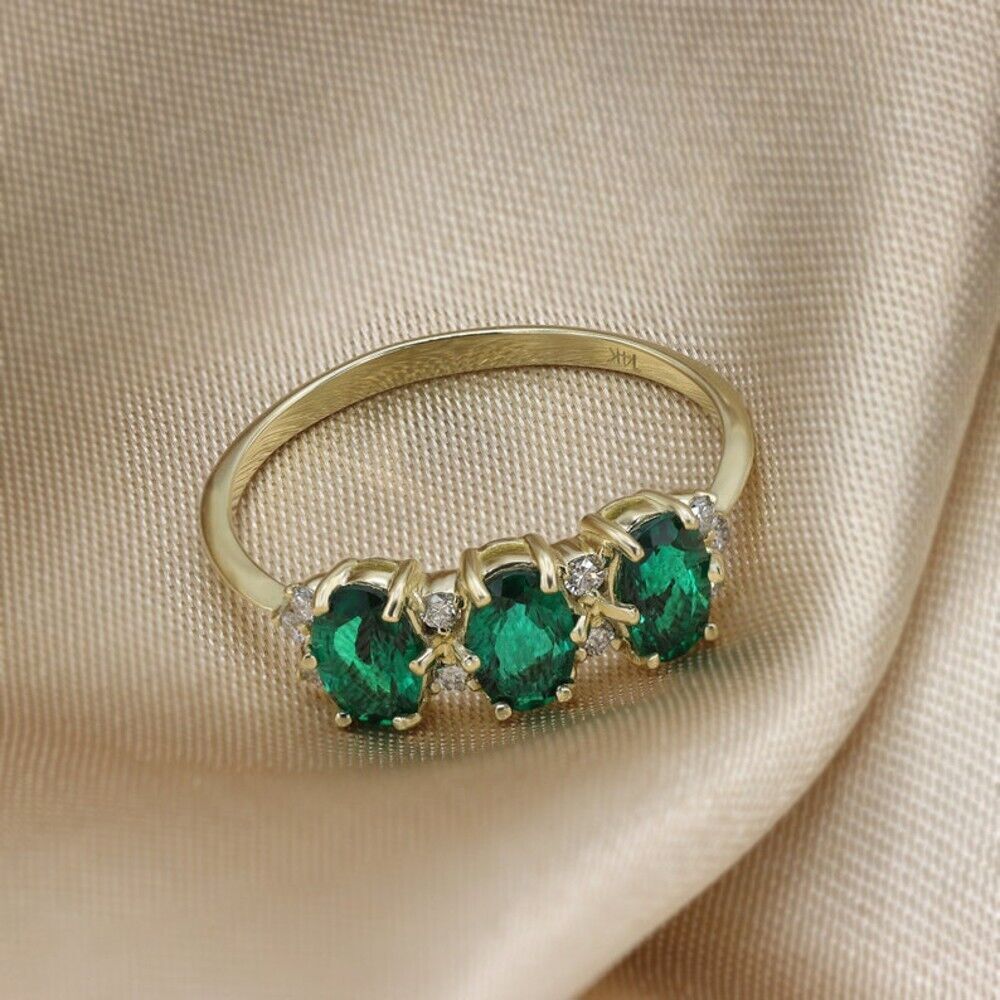 Green Emerald Wedding Ring 14K Yellow Gold Certified 1.35 Ct Lab Created Diamond
