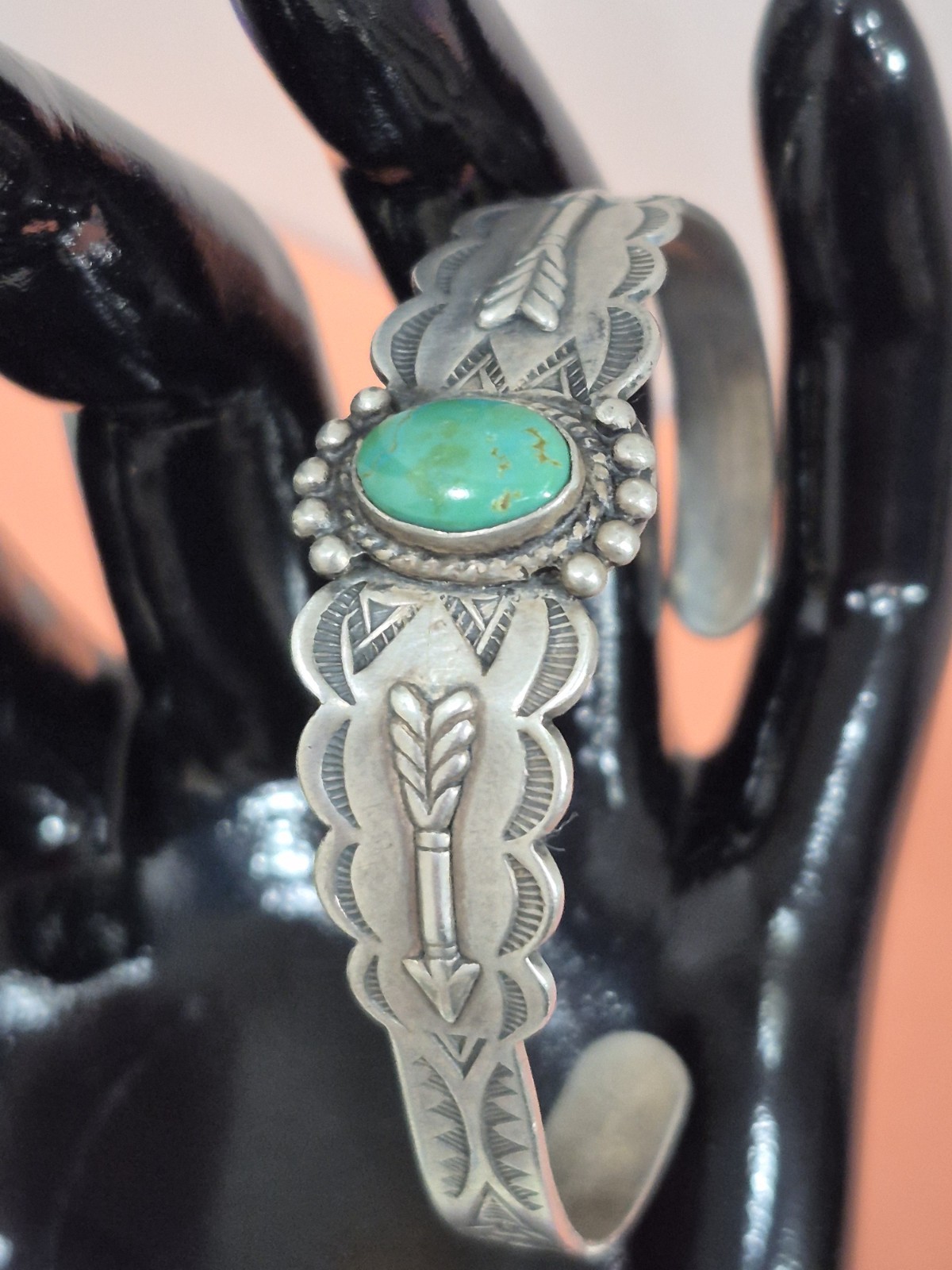 Vintage Fred Harvey Era Sterling Silver Turquoise Cuff Bracelet Arrow Stamp