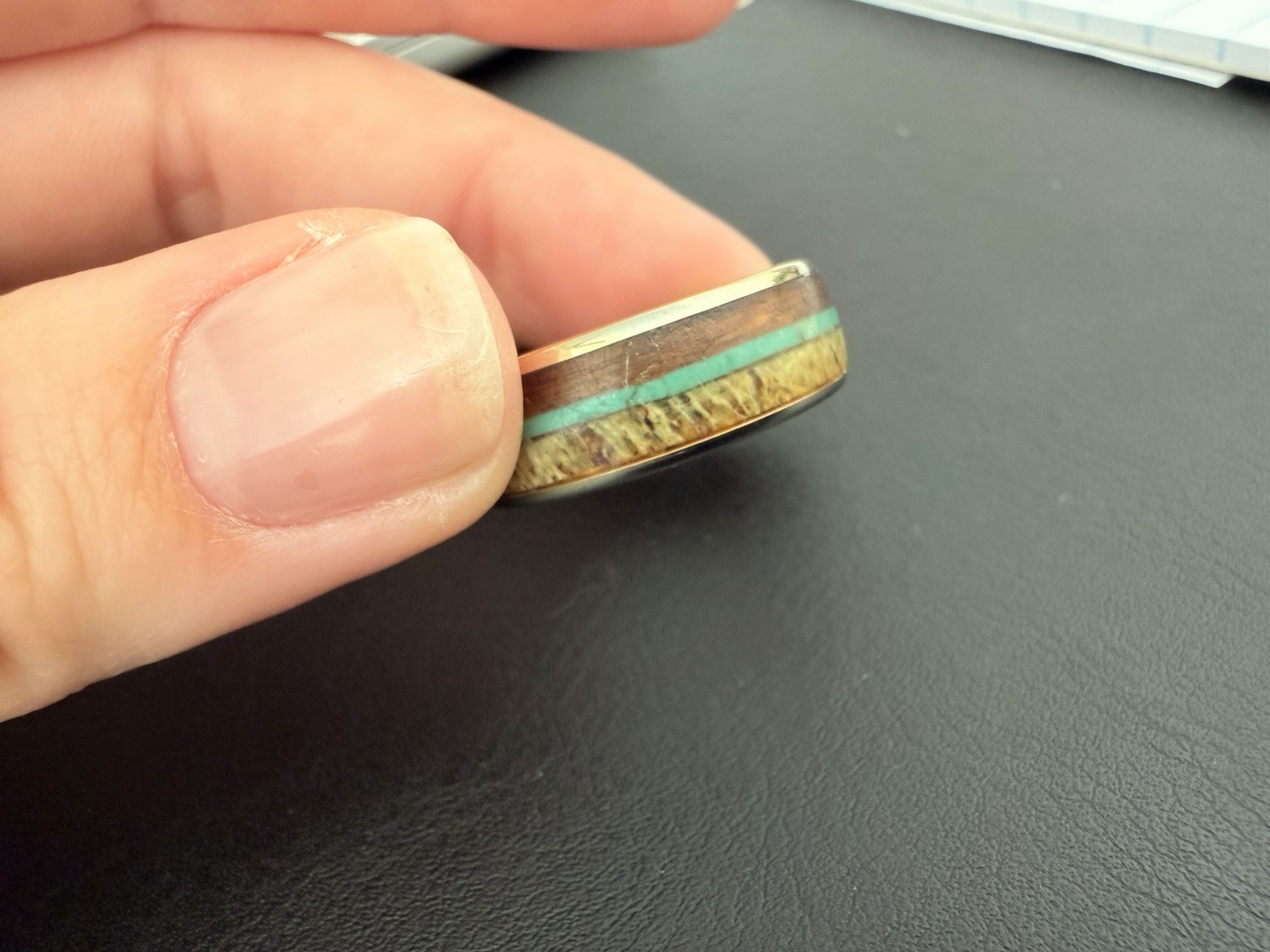 18k Tungsten Rose Gold Tone Wood Grain Blue Inlay Wedding Band Ring Sz 11