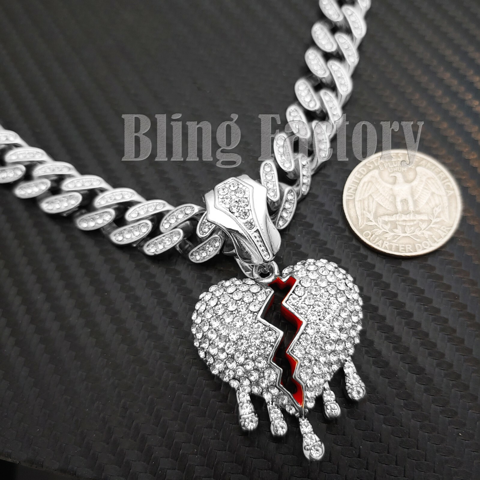 Silver Plated Alloy Drip Broken Heart Iced Cubic Zirconia Cuban Chain Necklace