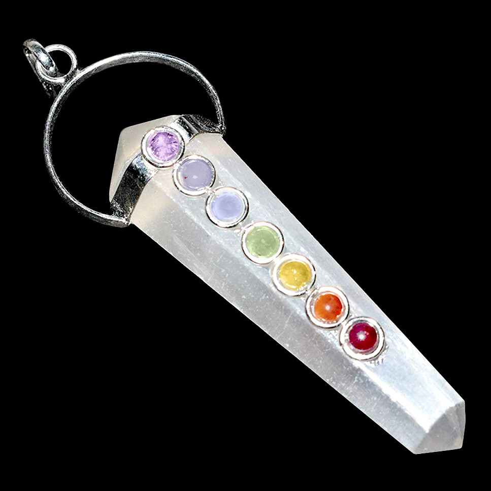 DT Selenite 7 Chakra Pendant CHARGED Crystal Necklace 925 Sterling Silver HANDMA