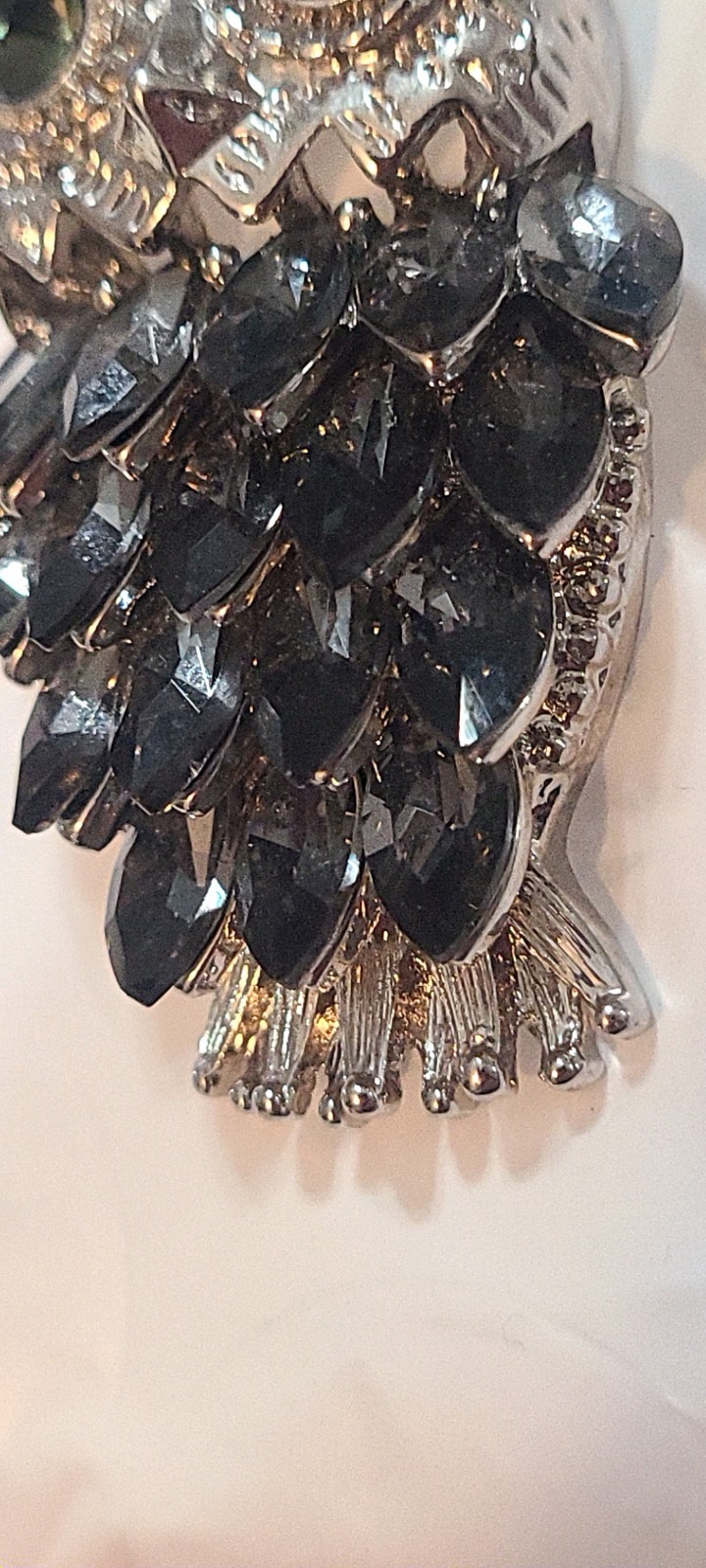 Silver Tone Owl Pendant Necklace w/ Long Chain Black Purple Crystal Rhinestones
