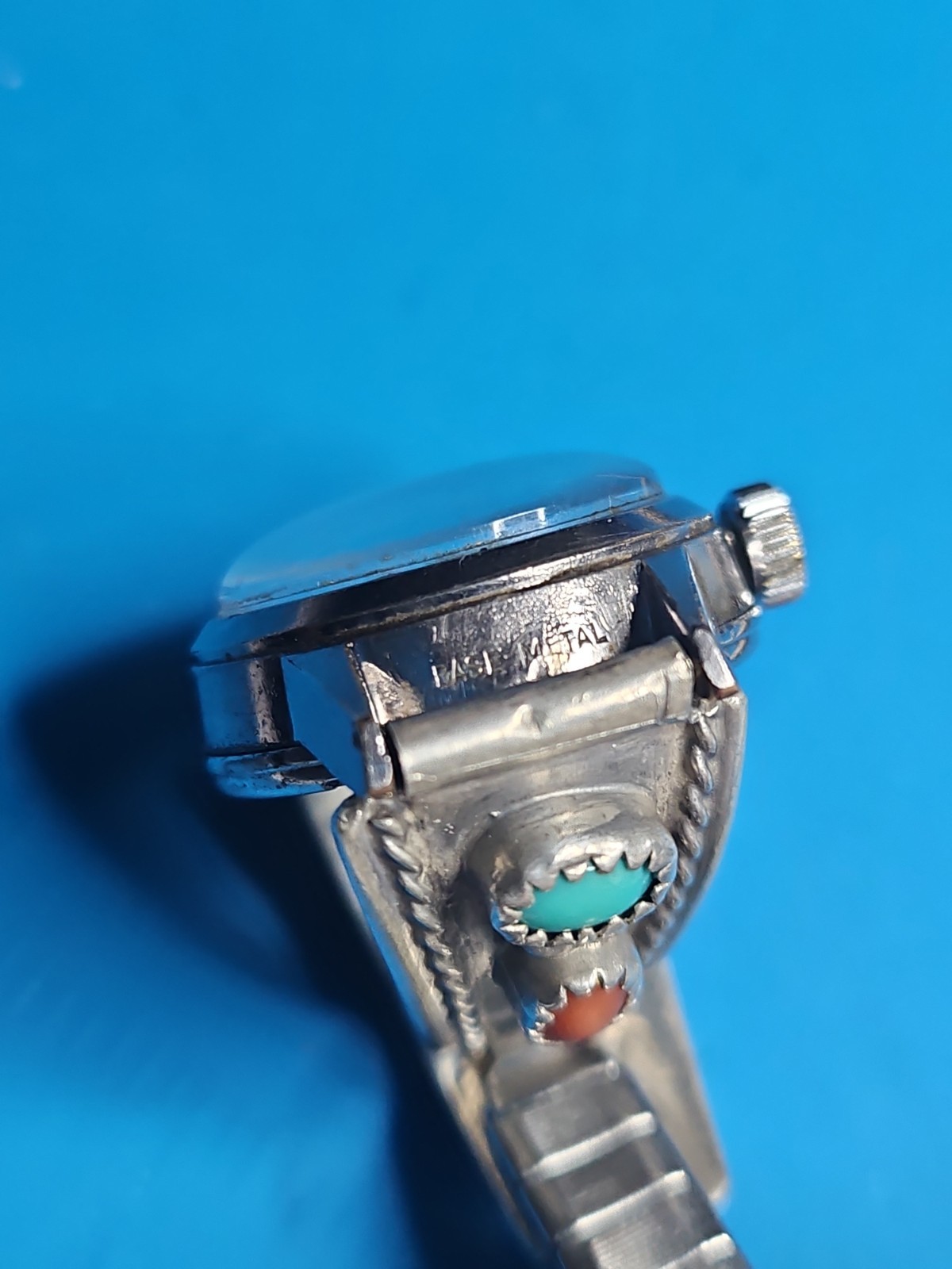 Rare Ladies Vintage Wyler Incaflex Watch Silver Navajo Band Coral Turquoise