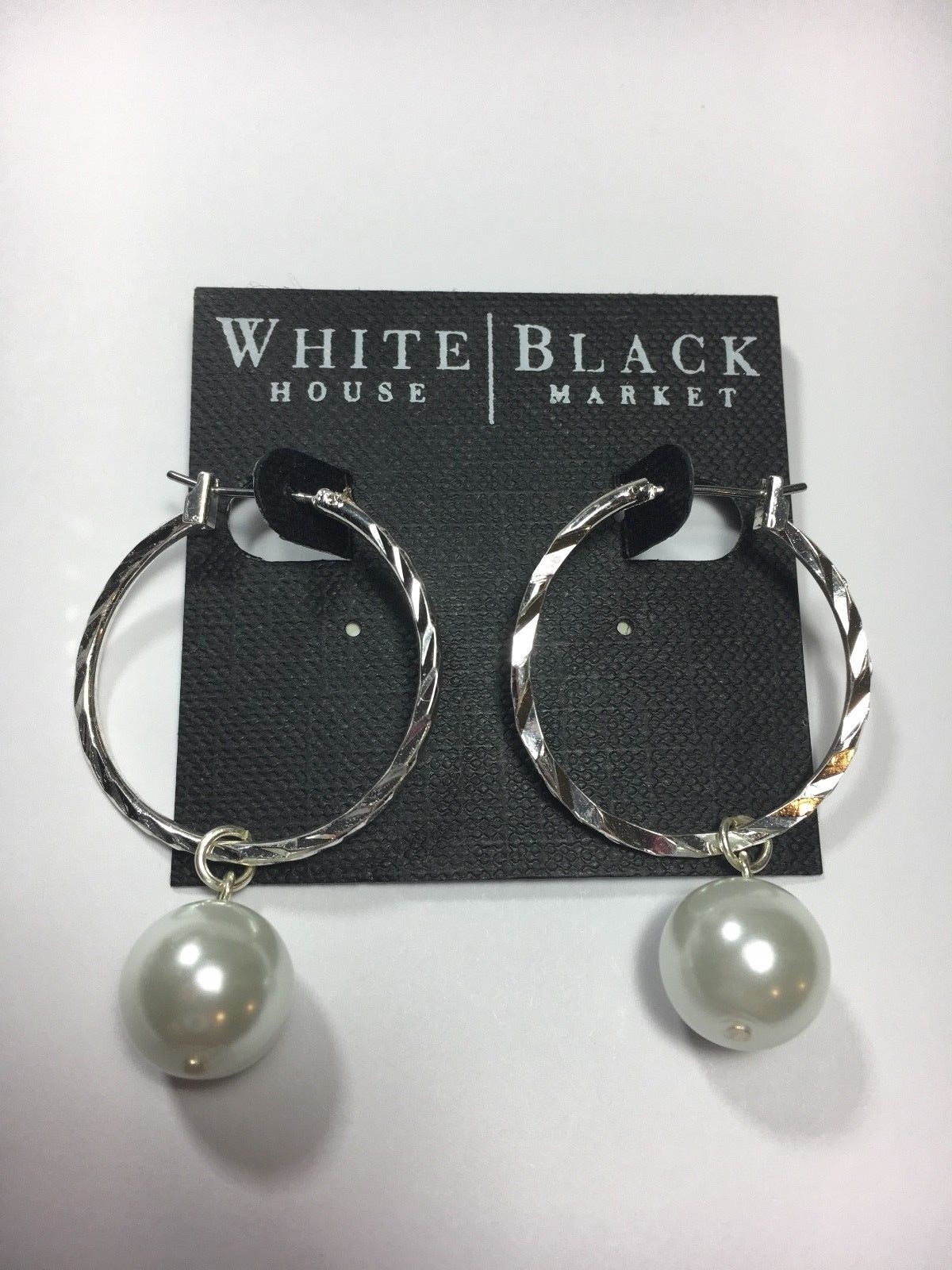 WHITE HOUSE BLACK MARKET PEARL DROP SILVER TWISTED HOOP EARRINGS ~ NEW