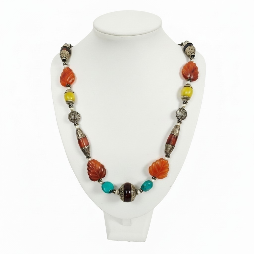 Vintage Tibetan Himalayan Tribal Beaded Statement Necklace Carnelian Turquoise