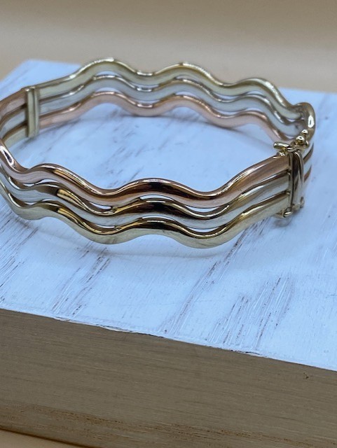 9ct Yellow, Rose And White Gold Triple Wave Bangle-Pre Owned
