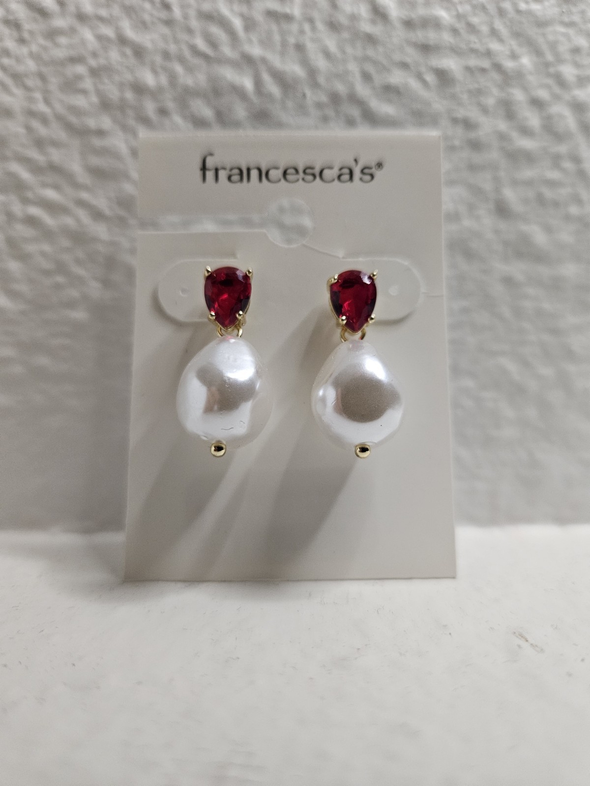 Francesca’s Baroque Pearl Red Drop Earrings Gold White Metal Fashion
