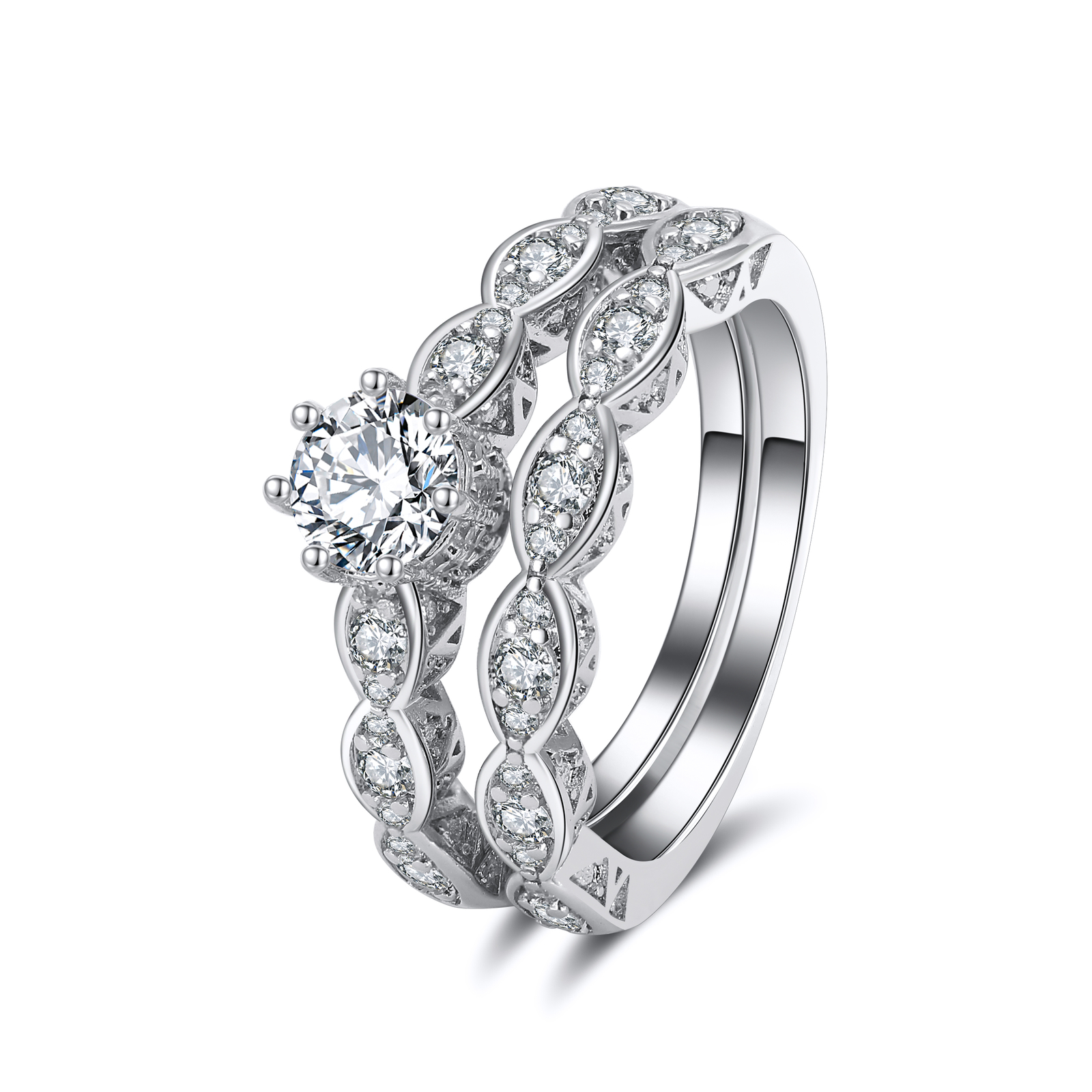 Nickie Wedding Ring Set Engagement Ring Matching Band CZ Womens Ginger Lyne C…