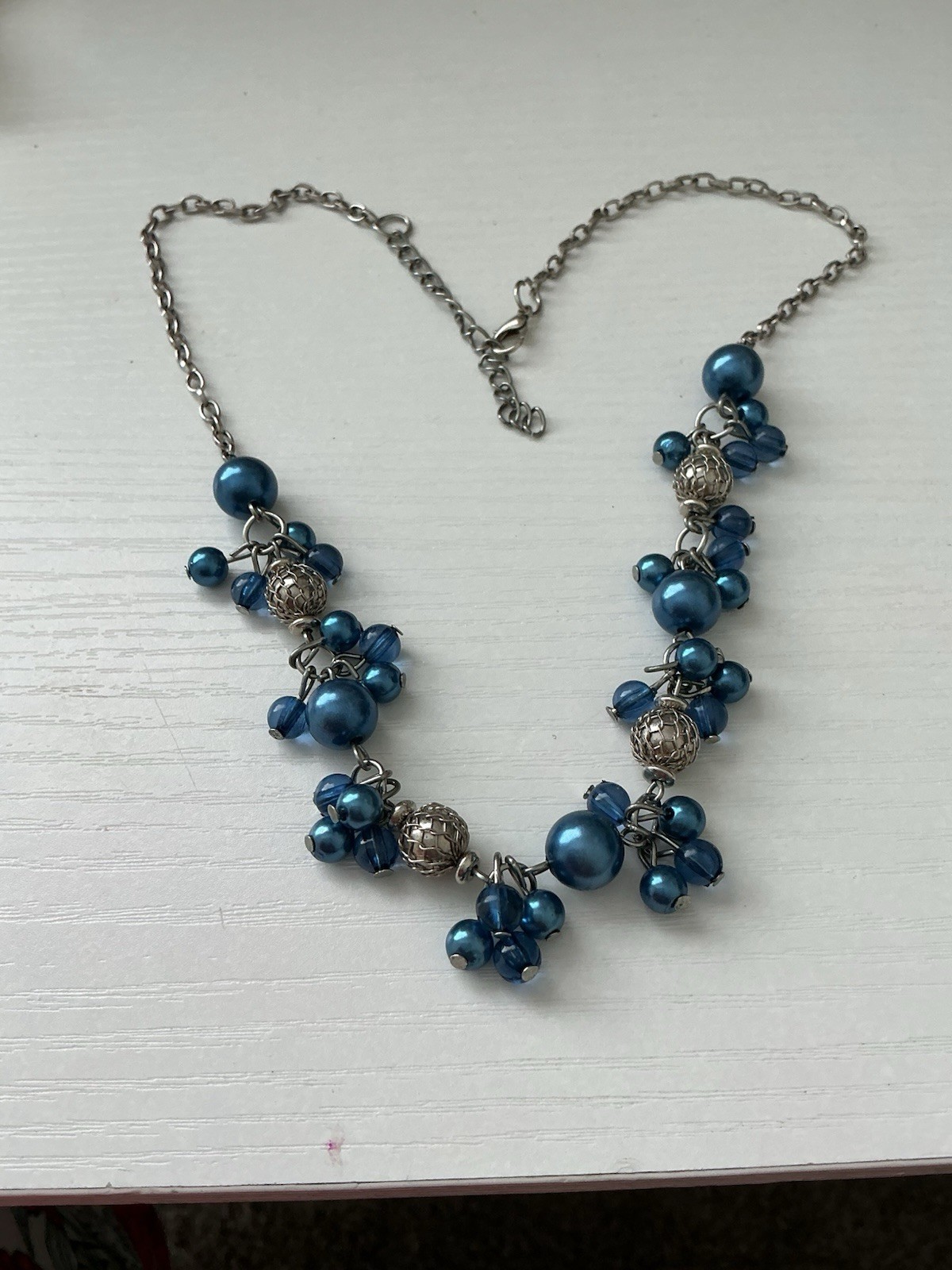 Unbr Added Silver Tone Chain With Variety Sizes Blue Gems Necklace 10” L Or 20”R