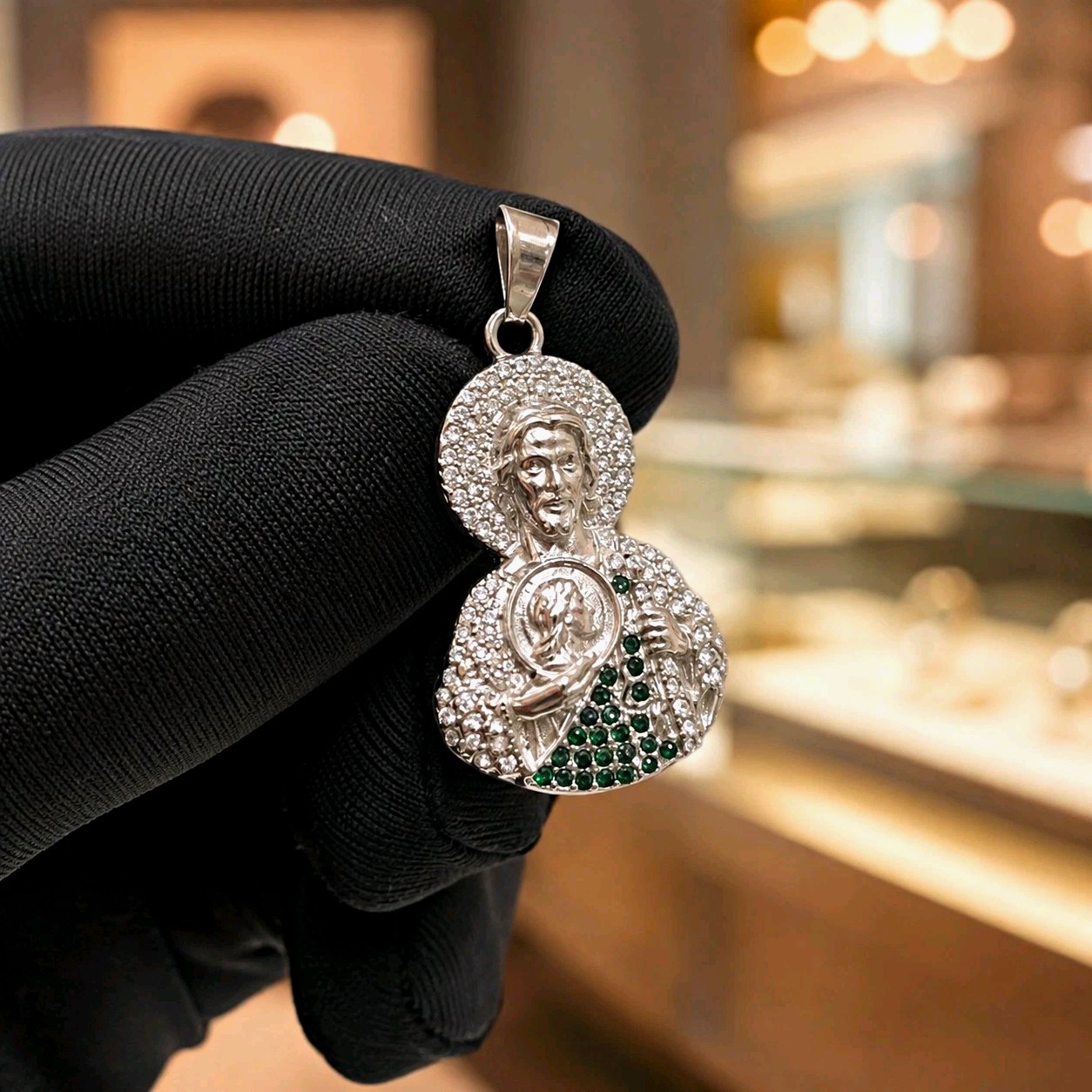 925 Sterling Silver Over S.steel San Judas Pendant with Nice Stone Shine.