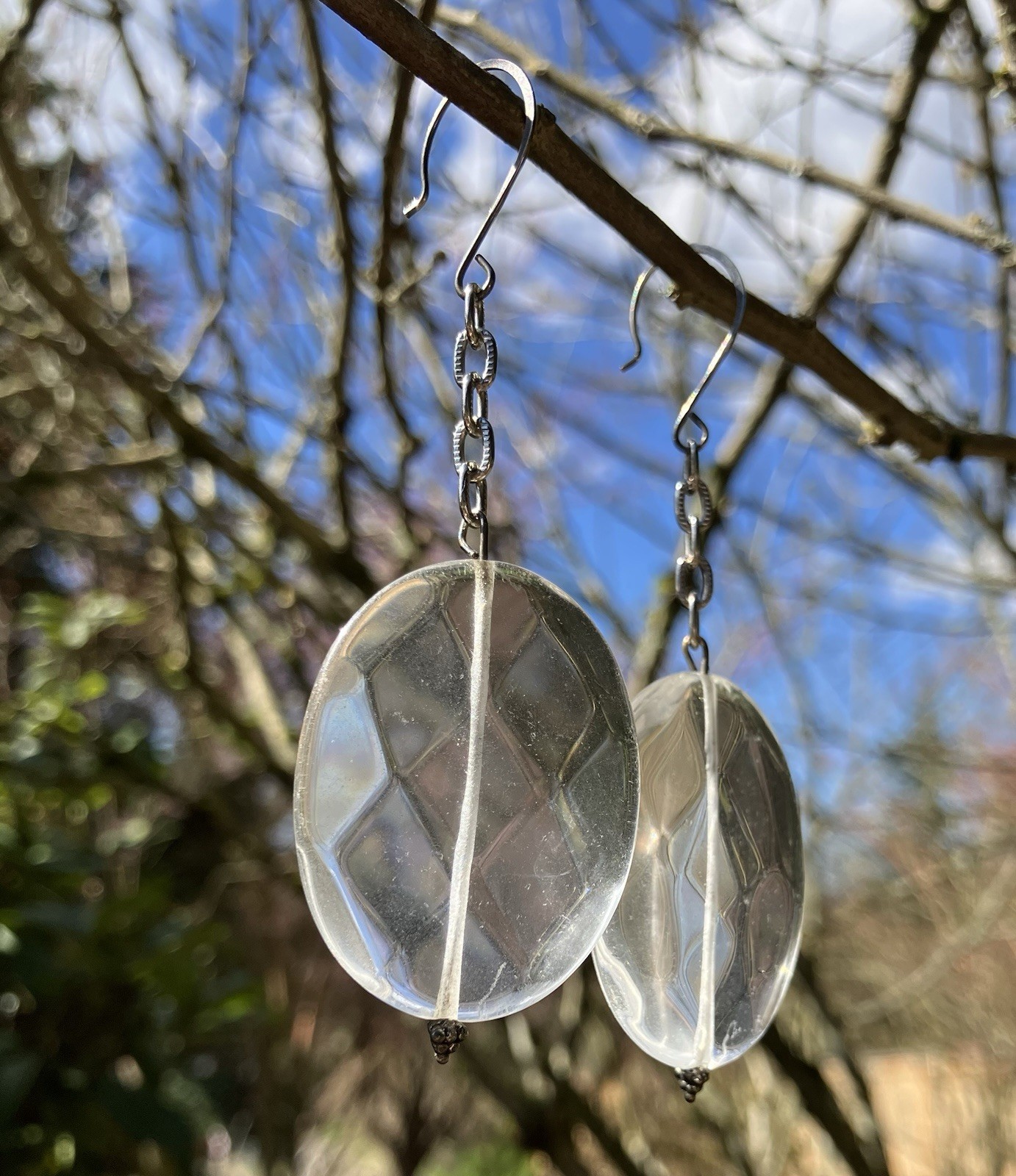 Round Faceted Clear Quartz Dangle Earrings, Artisan made, 3.5 inches long