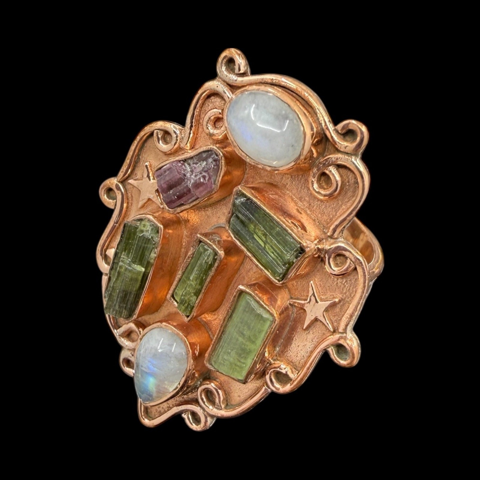 Pink Green Tourmaline Moonstone Wide Band Copper Ring Size 8 Handmade Artisan