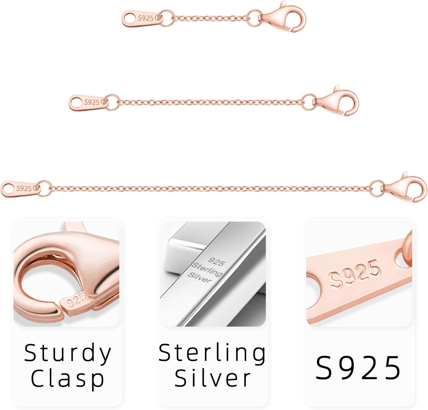 Extenders Chain Necklace Rose Gold Plated Sterling Silver Extender for Necklaces