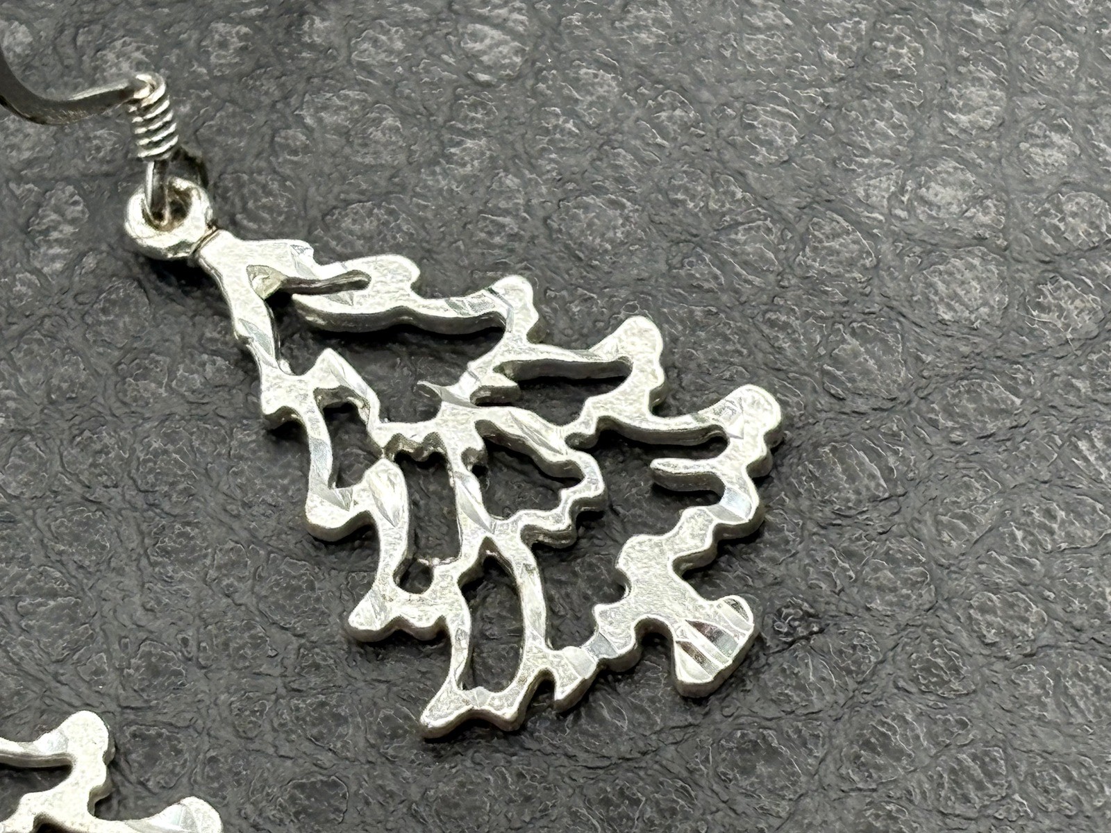 Sterling Silver Christmas Tree Earrings Cut Out Design Holiday Dangle