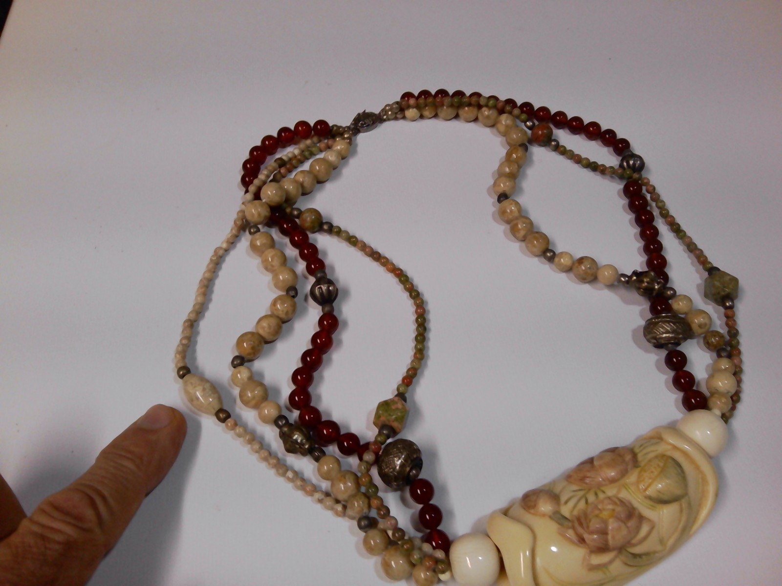 Vintage Hand Carved Bovine Bone Floral Pendant Roses & Necklace 25″