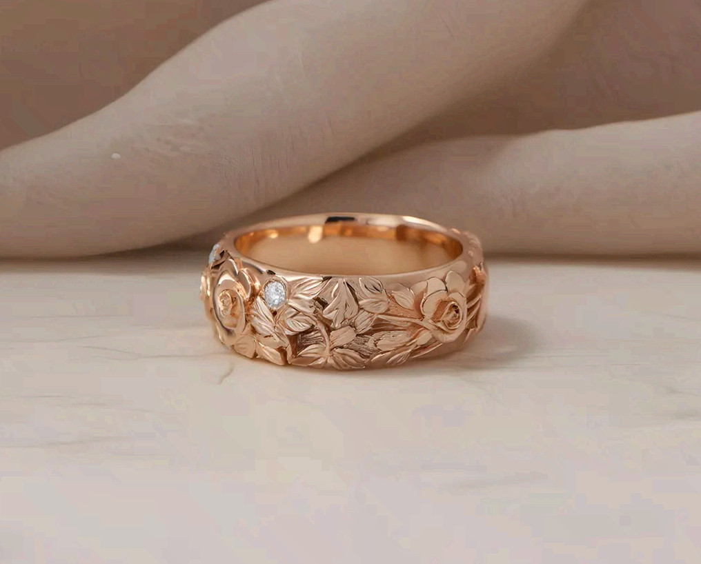 Rose Gold Copper Flower Ring Band Cubic Zirconia Fashion Statement