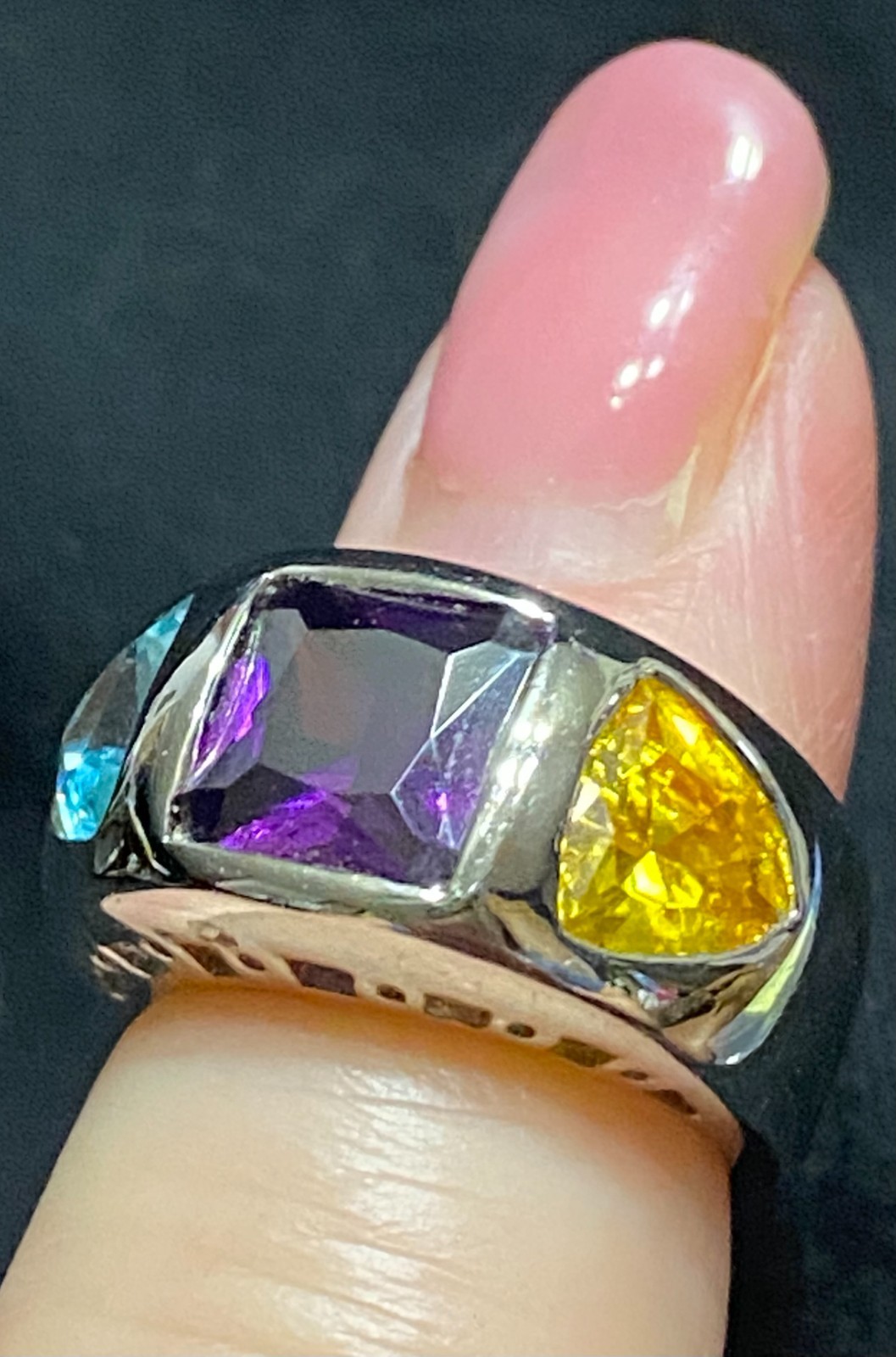 Modern Design Gemstone Ring Amethyst Topaz Citrine Size 7 SS J Mark