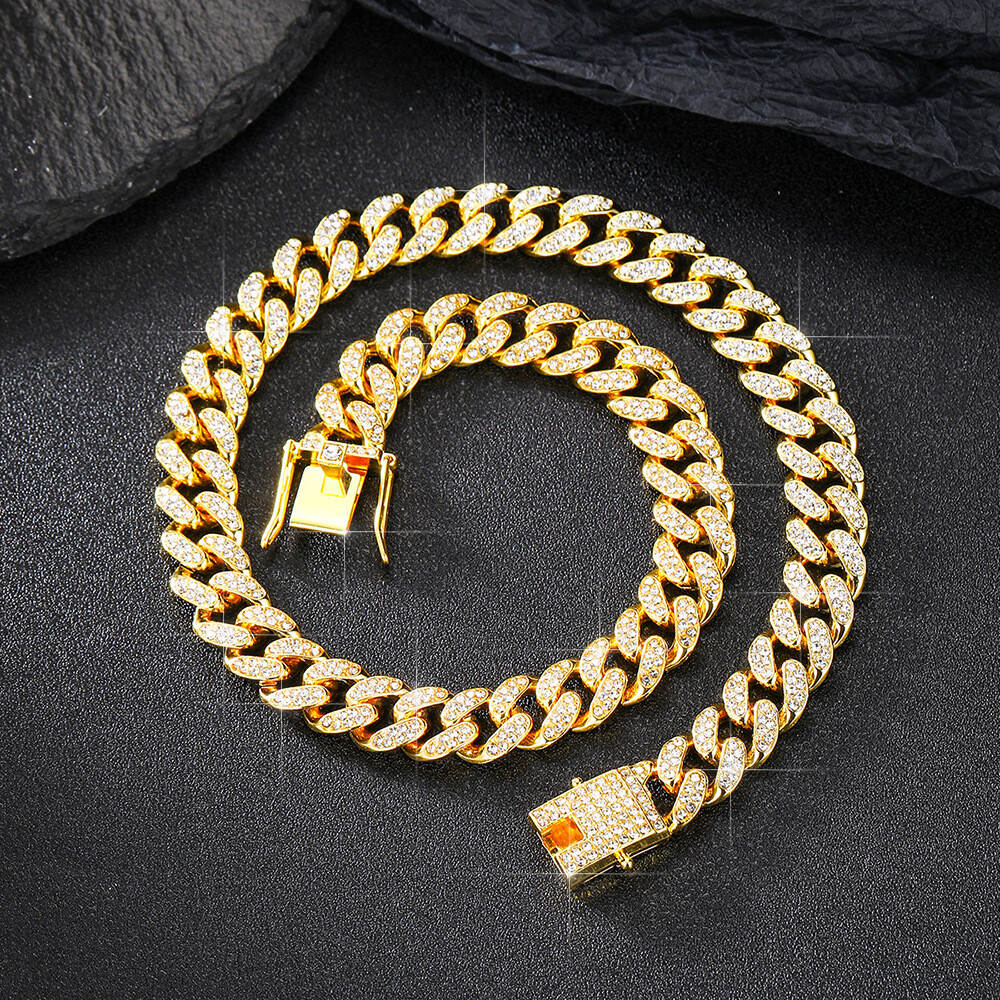 Hip Hop Iced CZ Out Cuban Chain Set Gold Plated Cuban Link Chain Necklace 12MM
