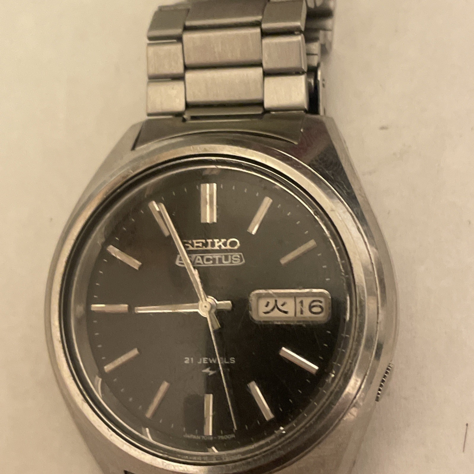 Seiko 5 Actus Watch Men 38mm Black Dial Silver Tone Daydate 7019-7060 Runs VTG
