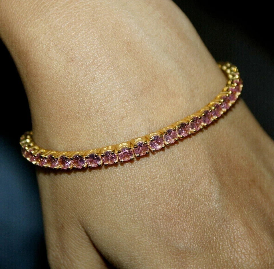 4.00 Ct Round Cut Natural Pink Sapphire Tennis Bracelet 14K Solid Yellow Gold