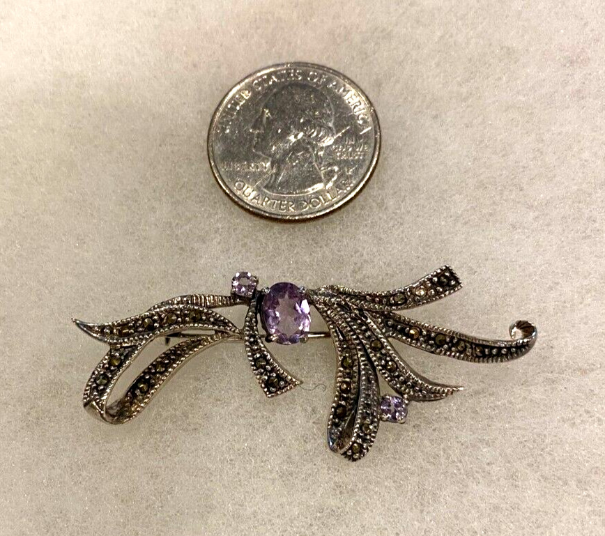 Sterling Marcasite and Amethyst Bow Pin Approx. 2 1/4 In. Wide – 9.0 Grams