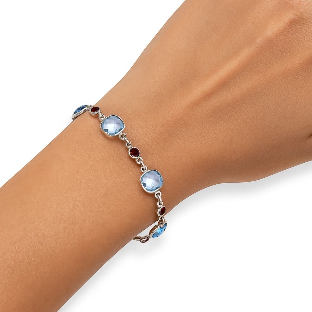 Sky Blue Topaz Checker Briolette & Garnet 925 Silver Bracelet Jewelry B-1006