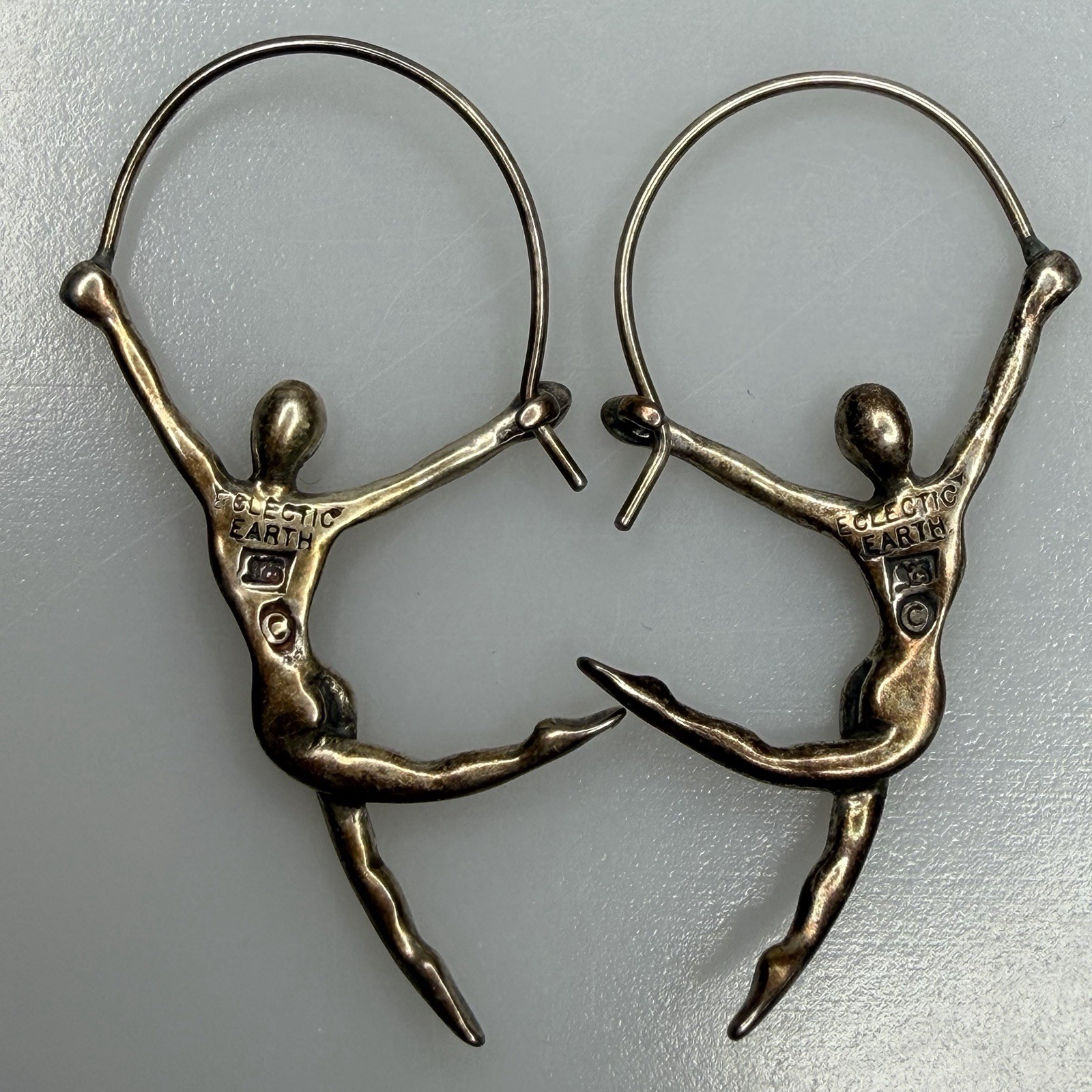 Eclectic Earth Sterling Silver 925 Ribbon Dancer Acrobat Hoop Earrings Patina