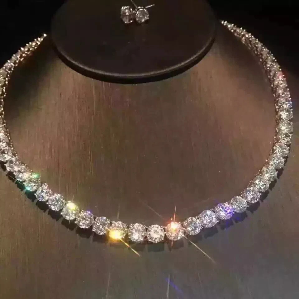 22 Ct Simulated Round Cut White Diamond Tennis Choker With 14k White Gold Plated