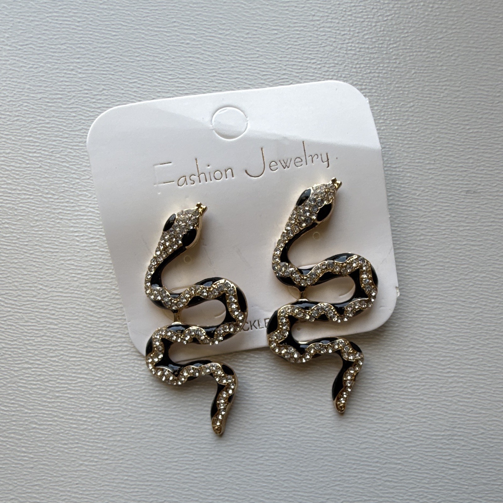 Fashion Jewelry Snake Stud Earrings Gold Tone Black Pavé Crystal (Set of 2)