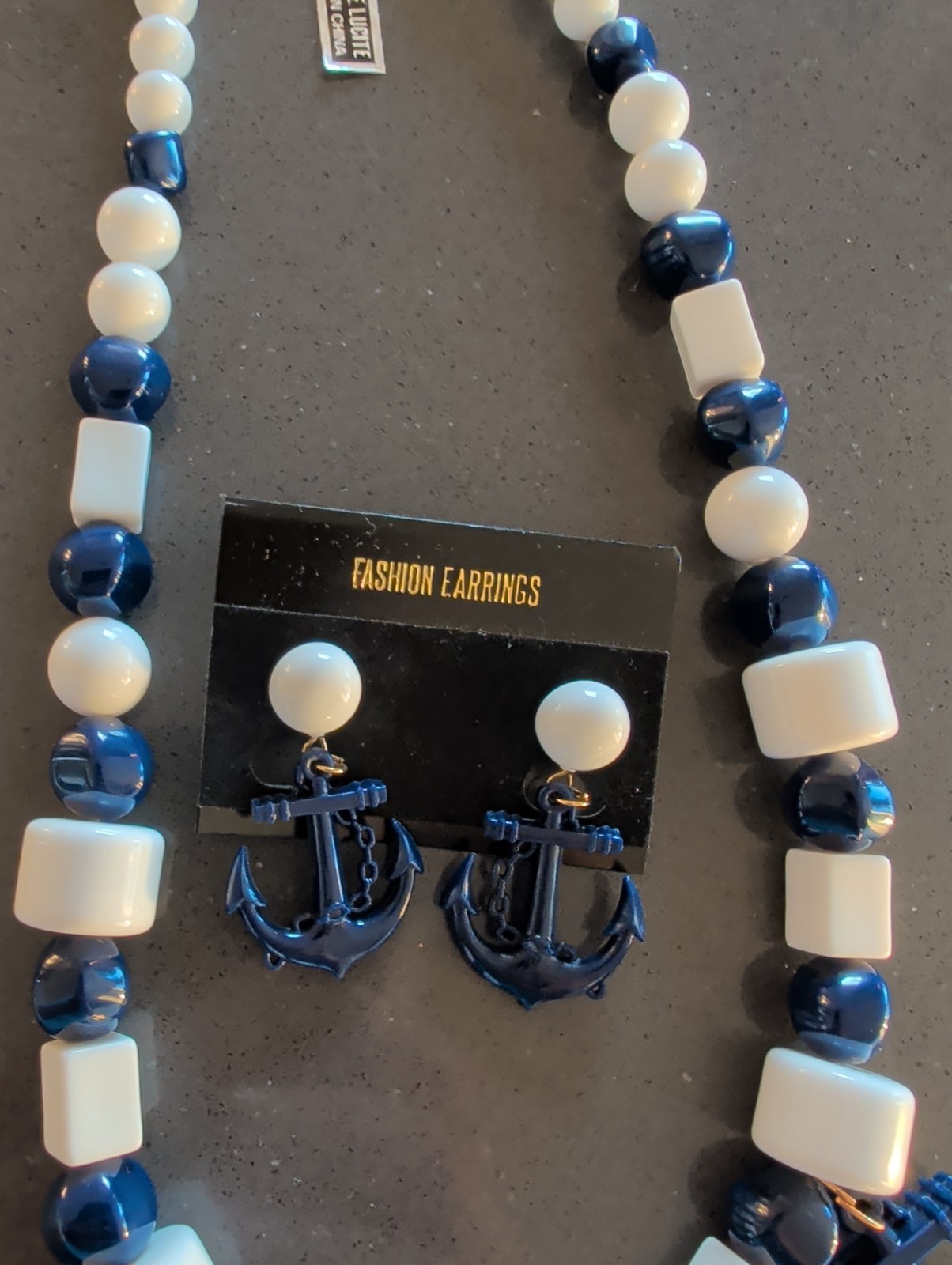 NOS Vintage GenuineLucite Necklace & Earrings Set Nautical Anchor Blue White S5