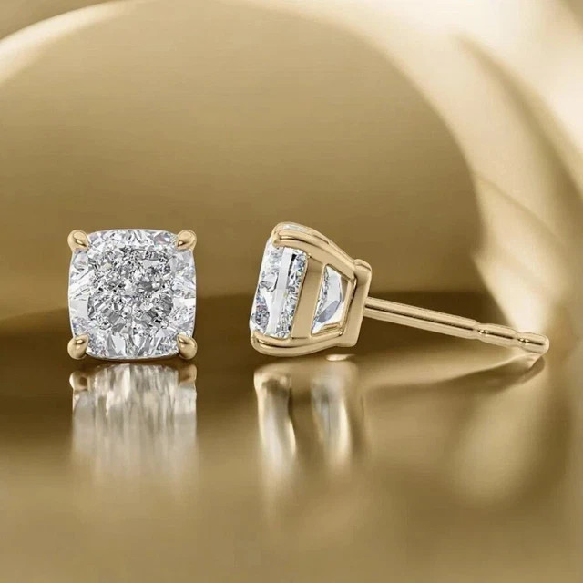 2CT Cushion Cut White Moissanite Women’s Stud Earrings 14K Yellow Gold Plated