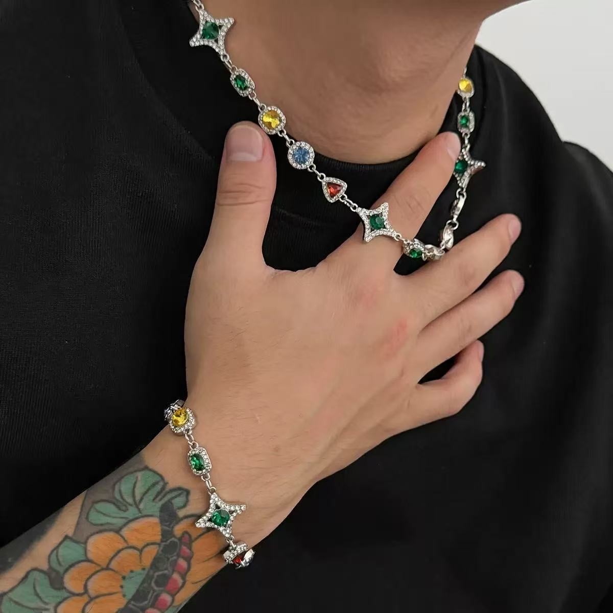 Gold-plated alloy necklace color imitation gemstone collar and bracelet set