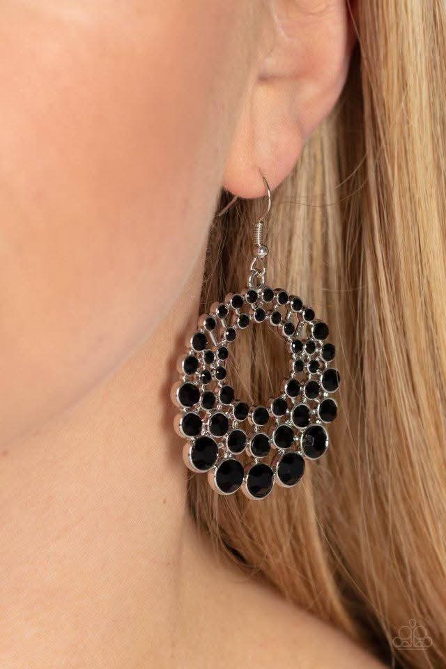 Silver Tone Black Rhinestone Oval Cluster Dangle/Drop Hook Earrings