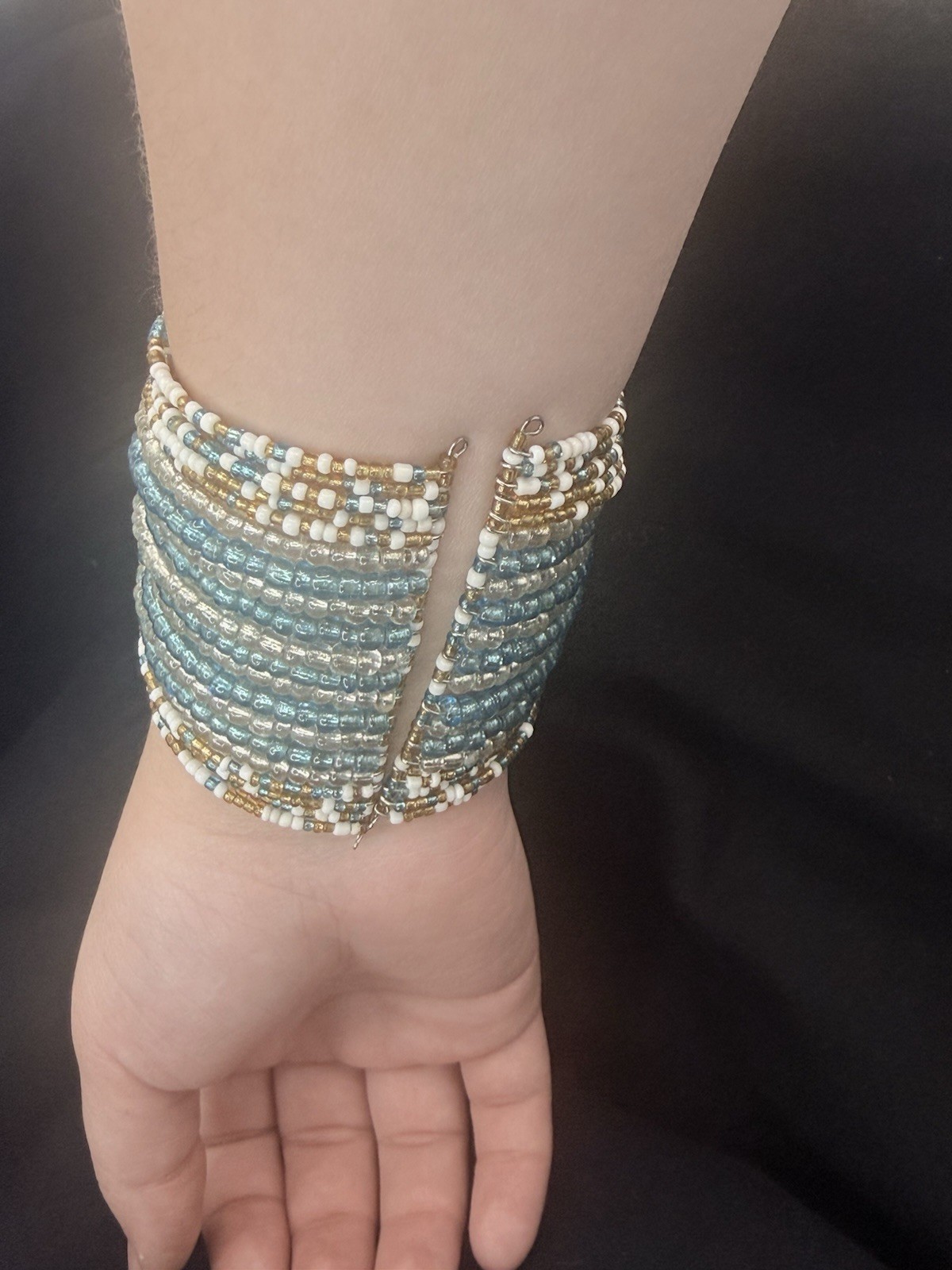 Blue White Gold Glass Seed Bead Wrap Cuff Bracelet, Multi-Strand, Stackable