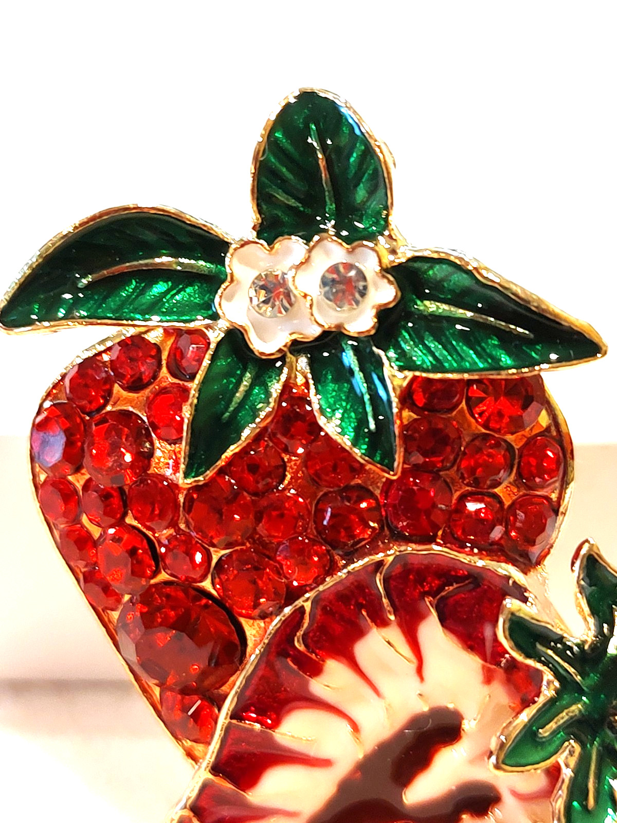 Strawberry Brooch Red Enamel Rhinestones on Metal