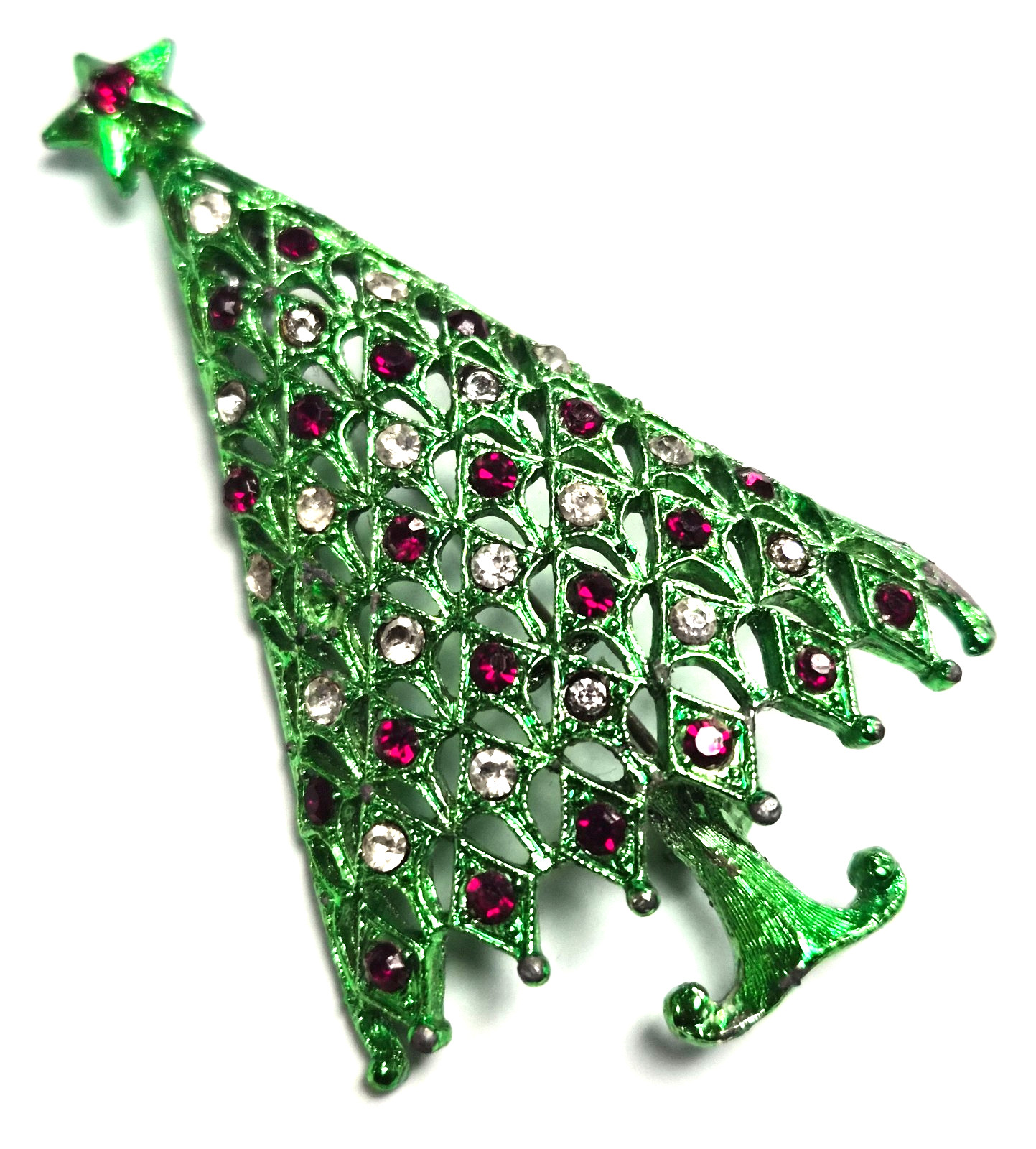 Vintage 70’s Signed MYLU Green Enamel & Rhinestone Christmas Tree Pin / Brooch