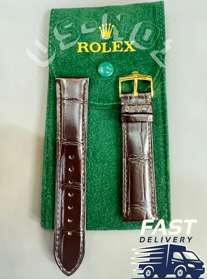 ROLEX Crocodile Brown Leather Band 20/18mm With Rolex Buckle NOS Gold Plated VIP