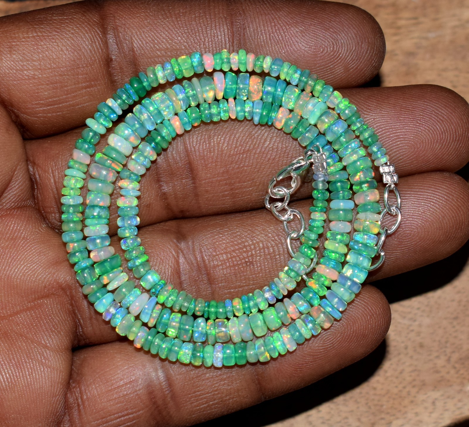 16”Natural Ethiopian Opal Wello Fire Opal Gemstone Bead Necklace AF532