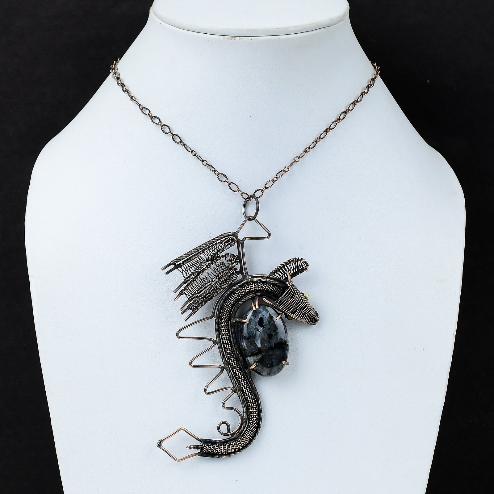 Larvikite Gemstone Jewelry Copper Wire Wrapped Dragon Pendant For Girls 4.49″