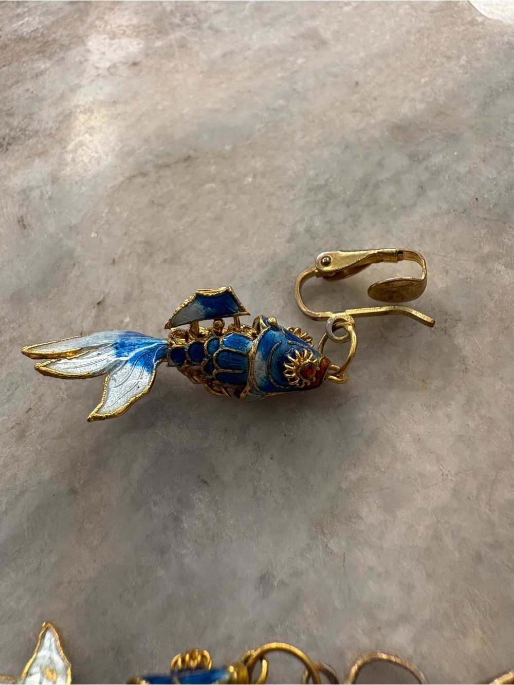 Vintage Blue Enamel Koi Fish Clip-On Earrings – Gold Tone