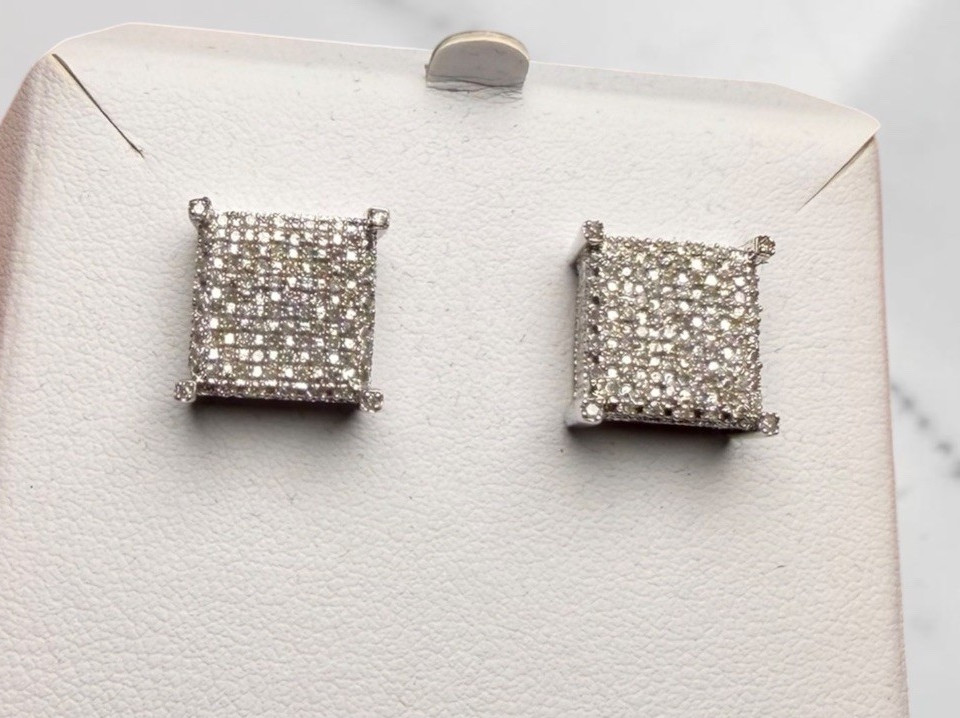 Natural Diamond Stud Earrings 925 Sterling Silver 0.59ctw Square Pave 13mm Mens