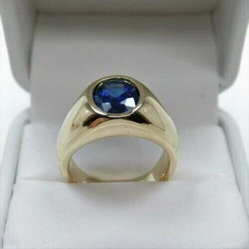 2 Ct Lab Created Oval Cut Blue Sapphire Ring For Men 14k Yellow Gold Plated