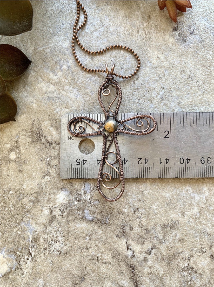 Handmade Copper Wire Wrapped Cross Pendant Necklace w Jasper Bead Artisan Boho