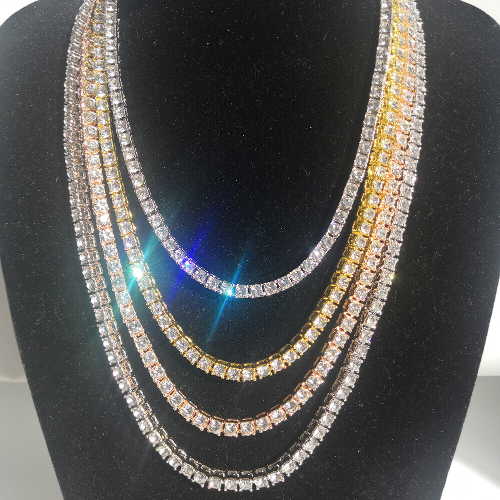 18″-30″ Hip Hop White Zircon Tennis Chain Necklace Gold Plated Men Women Gift