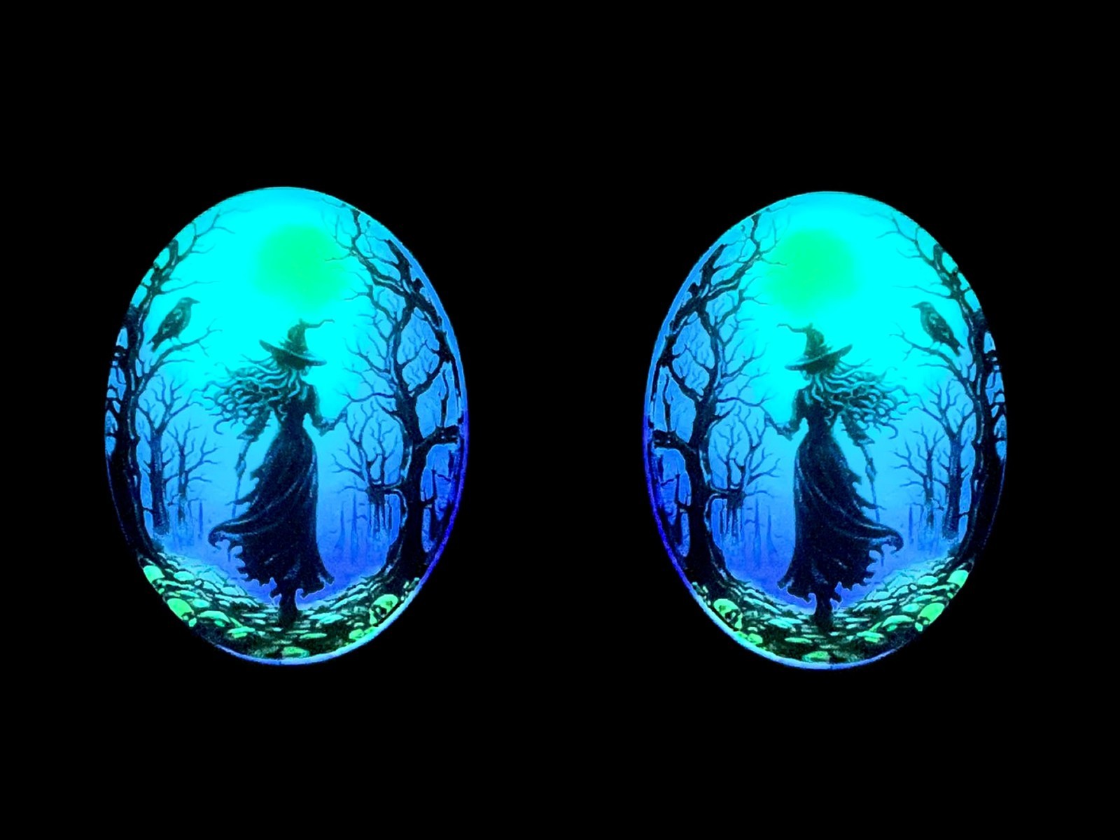 Witch in the Forest Lime Aqua Blue & Purple/Violet Glow in the Dark Earrings