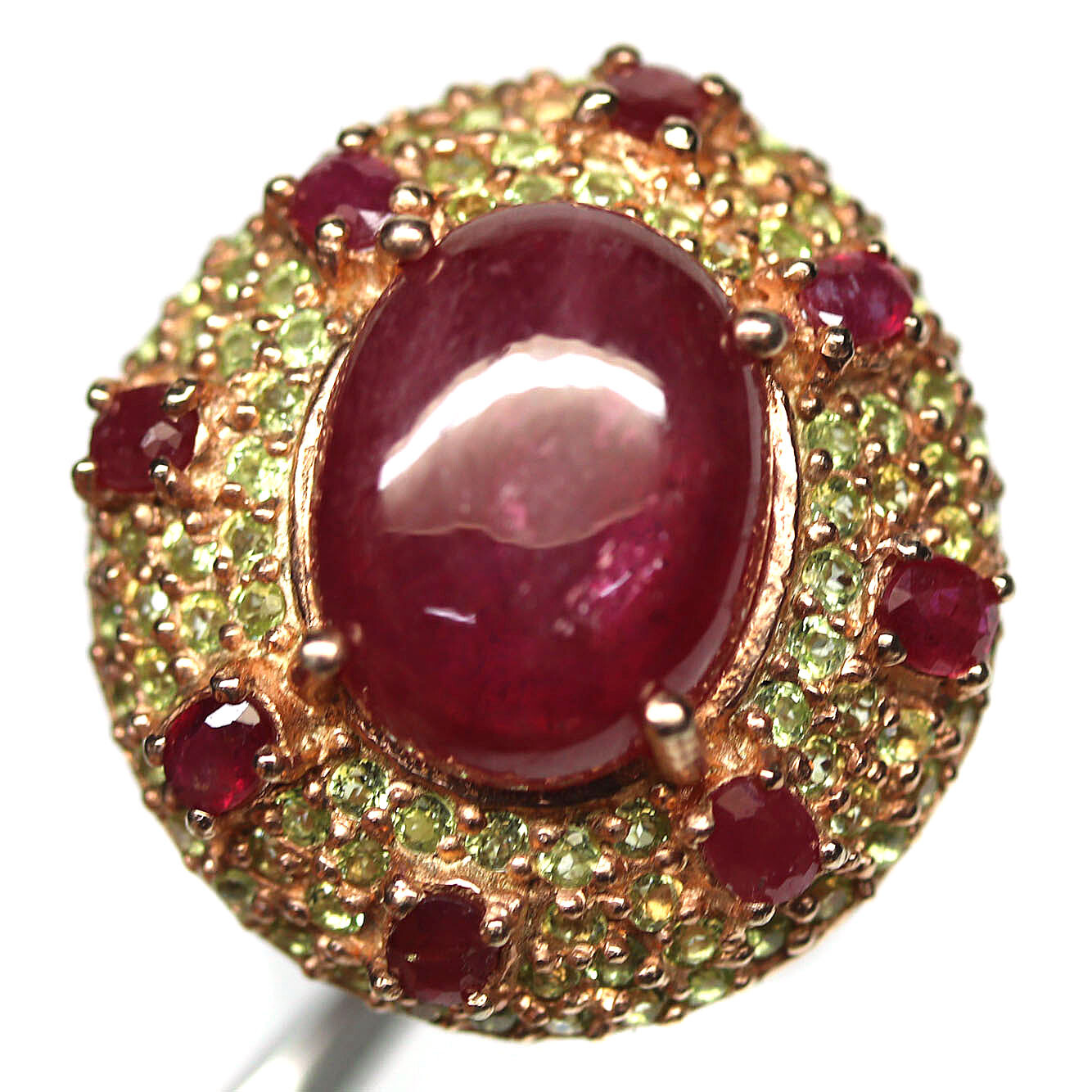 925 Sterling Silver 13 x 17 mm. Red Ruby & Peridot Jewelry Ring Size 8.25