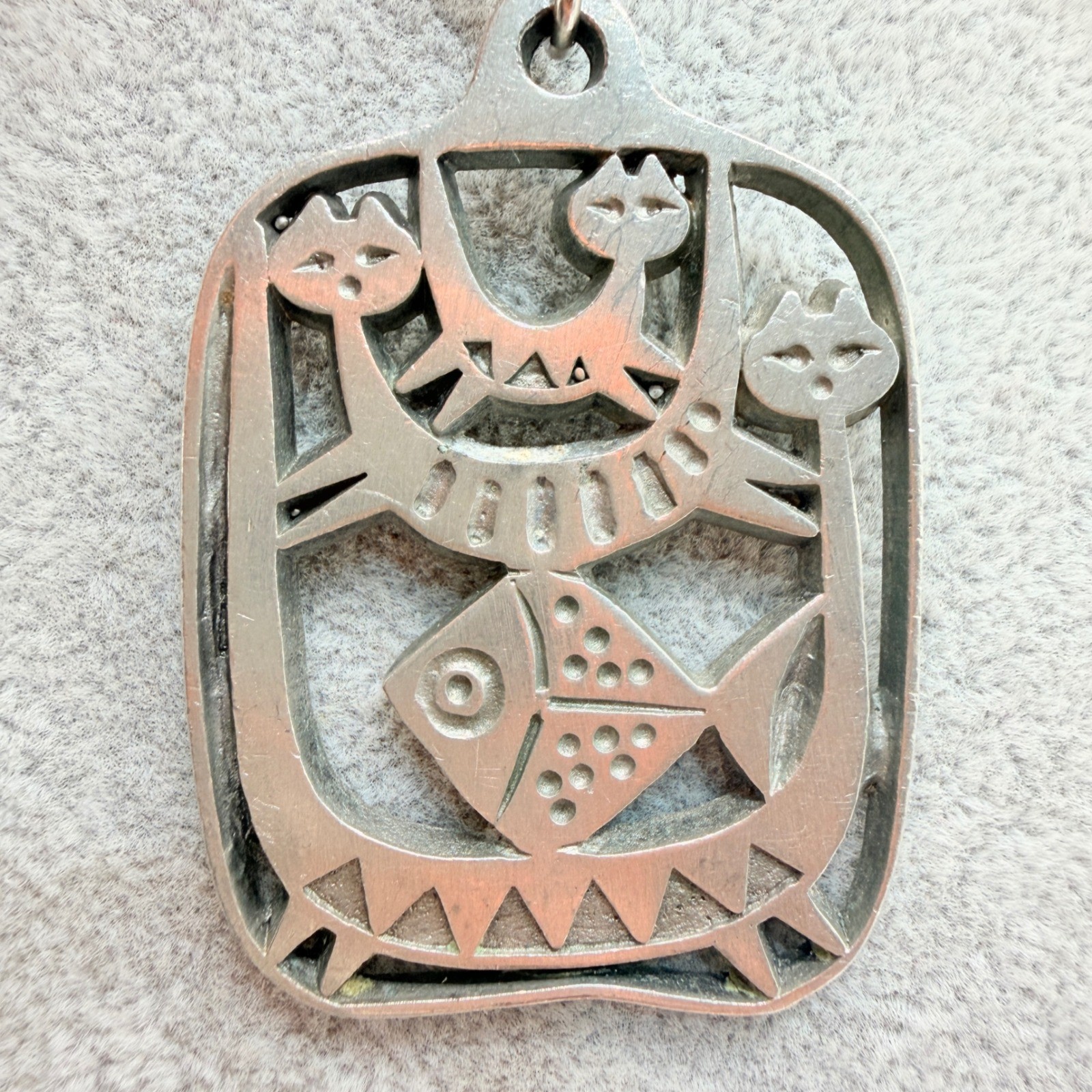 Vintage Sweden MCM Pewter Cats Fish Pendant Necklace Silver Tone Folk Art