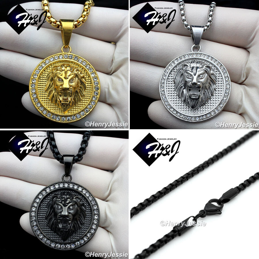 18-40″Stainless Steel Black/Silver/Gold Plated 4mm Box Chain CZ LION Pendant*109