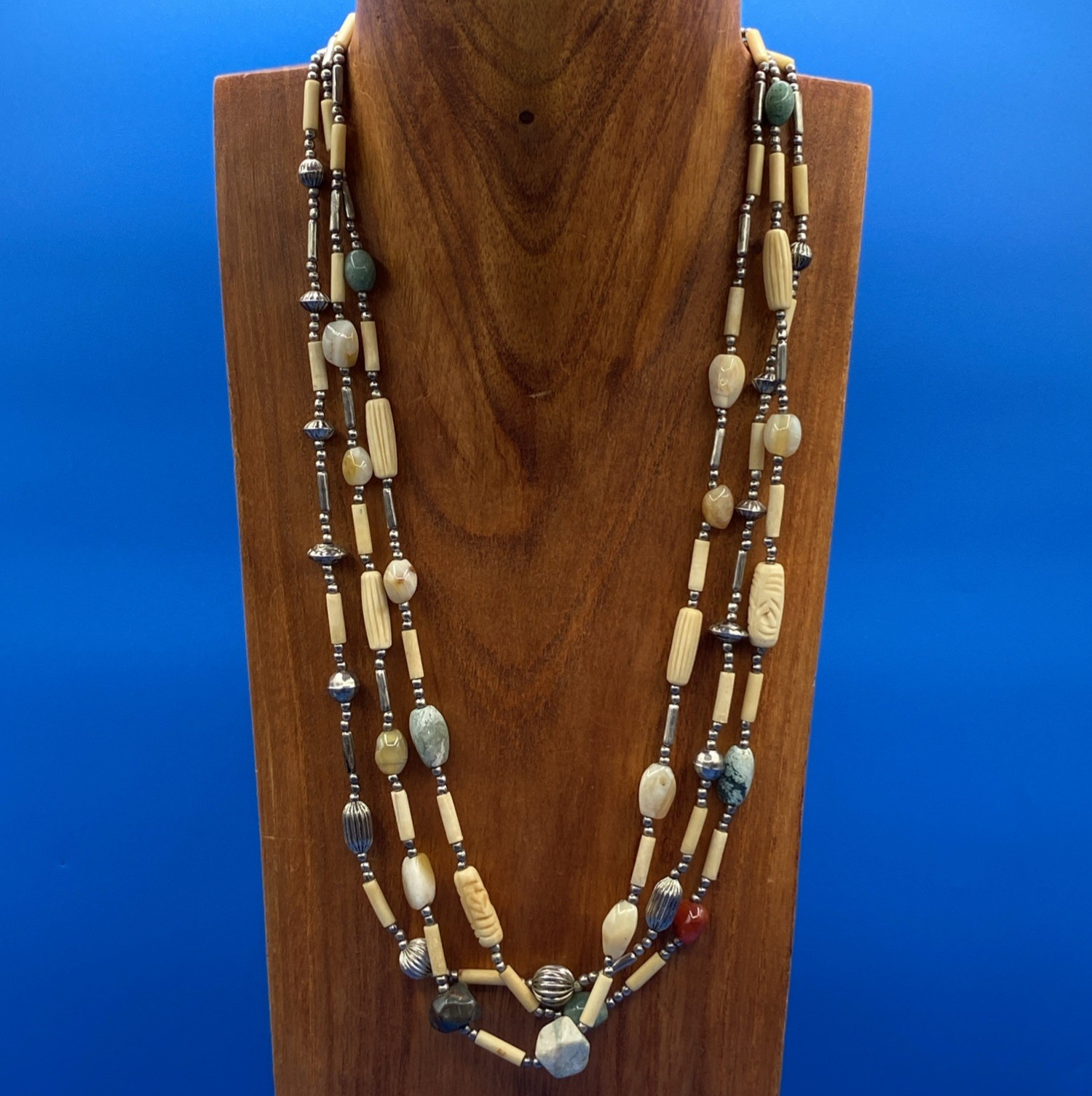 NECKLACE vtg long 3 strand natural materials stones bovine bone metals Boho 31″